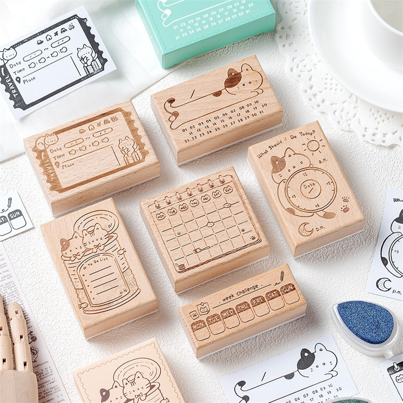 Rubber Date Stamp - かわいい猫木製ゴムスタンプ月間カレンダーラベルフレームプランナースタンプDIYスクラップブッキングジャーナル日記装飾木製シールS