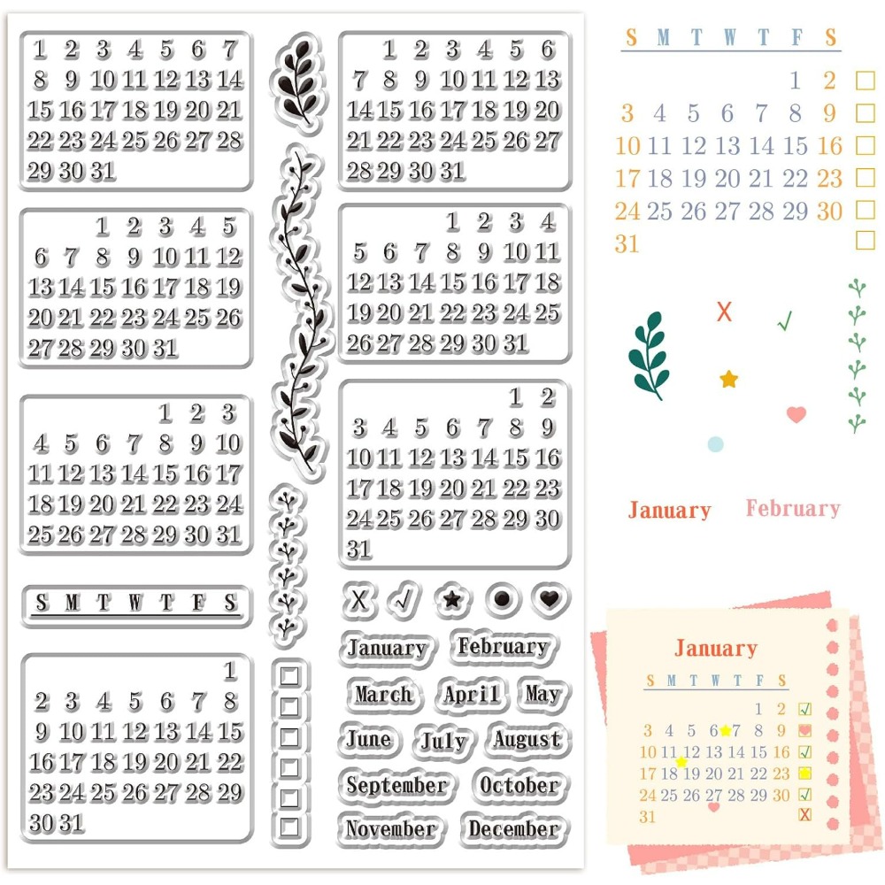 Rubber Date Stamp - カレンダー クリアスタンプシート 再利用可能な透明ゴムプランナー 週 月 日付番号