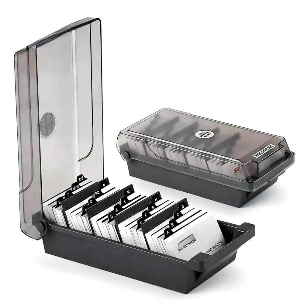 Card Index Box - デスクトップ名刺ボックス、大容量、500枚収納、4つの仕切りとA-Zインデックスタブ付き