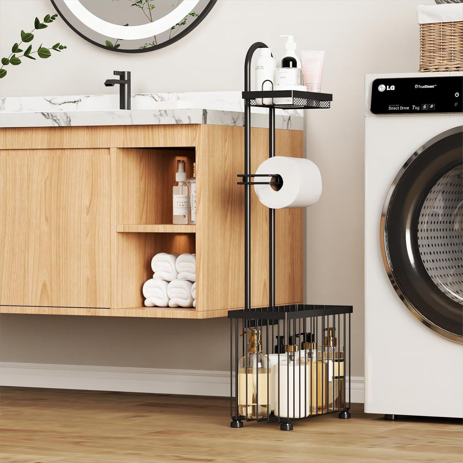 Magazine Holder Rack - 黒色の家庭用トイレットペーパーホルダー、バスルーム用マガジンロール収納付き、タブレット収納ラックも付属