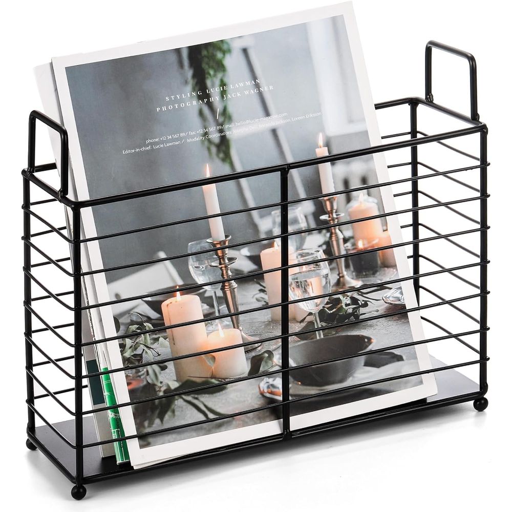 Magazine Holder Rack - 金属製マガジンラック、新聞書籍タブレット収納バスケット、ハンドル付きホルダーメールオーガナイザービン、鉄線ブラックスタンドホルダー