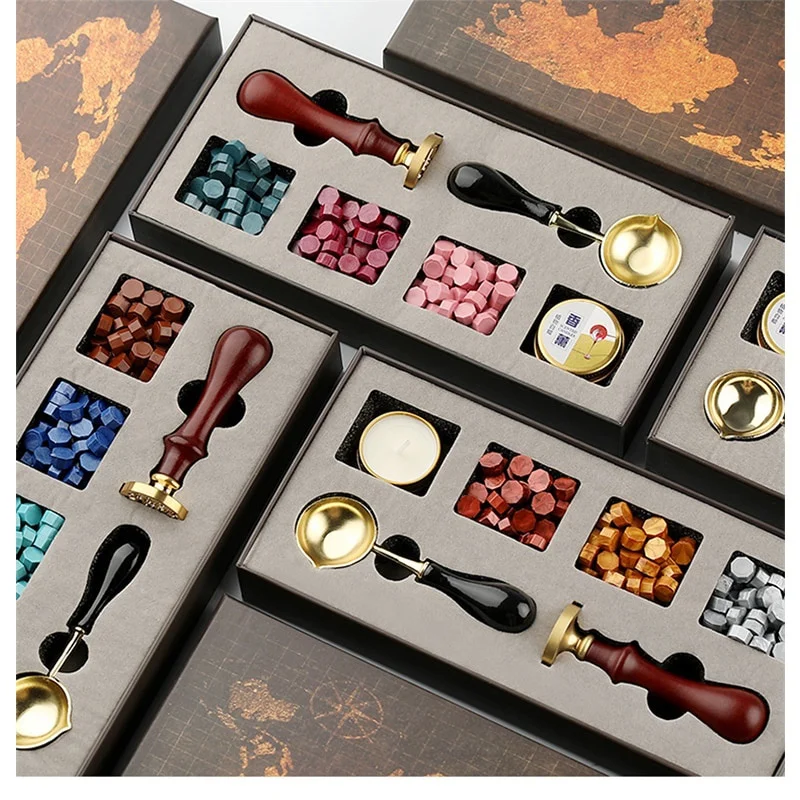 Wax Seal Stamp Set - 取り外し可能なワックスシールボックスキット、スタンプスプーンセット、シーリングビーズ、封筒、結婚式のパッケージギフト、ポストカード、DIY