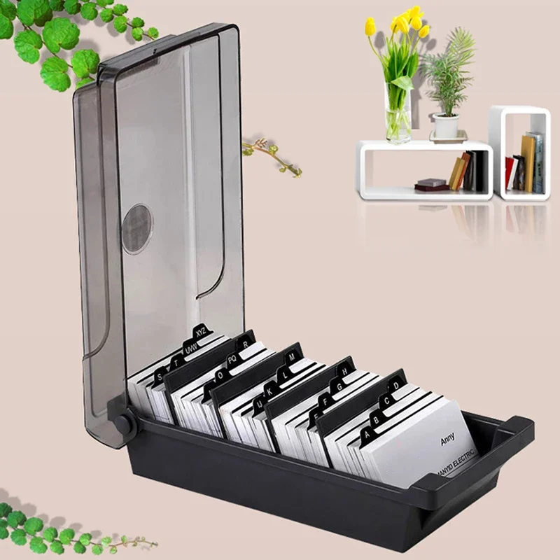 Card Index Box - 名刺入れ、プラスチック製ネームカードオーガナイザー、4つの仕切りとインデックスタブ付きの収納ボックス、最大500枚のカードを収納
