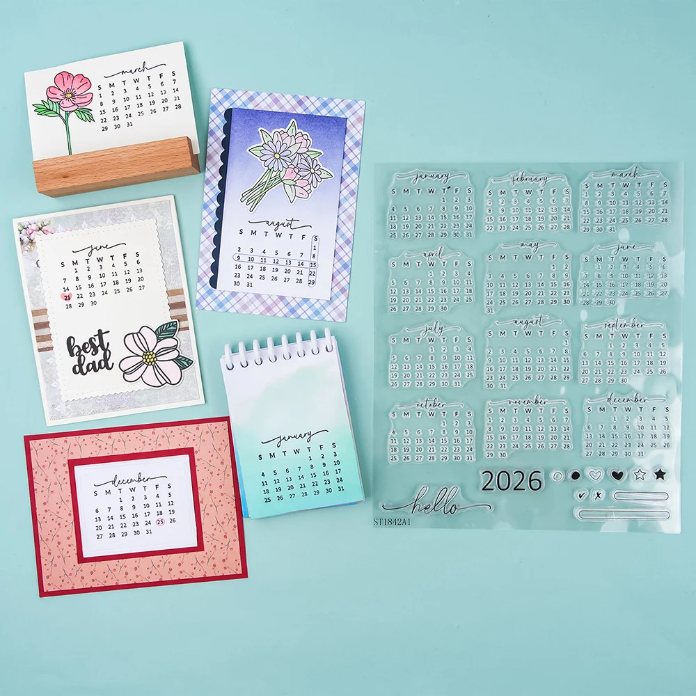 Rubber Date Stamp - カレンダー日付 2026 クリアスタンプ 時間 曜日 年