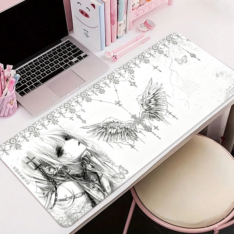 Leather Desk Pad - レザーマウスパッド黒白アニメ美学エンジェルガールマウスパッドオフィスアクセサリーPCゲームキーボードEスポーツHDデスクマット