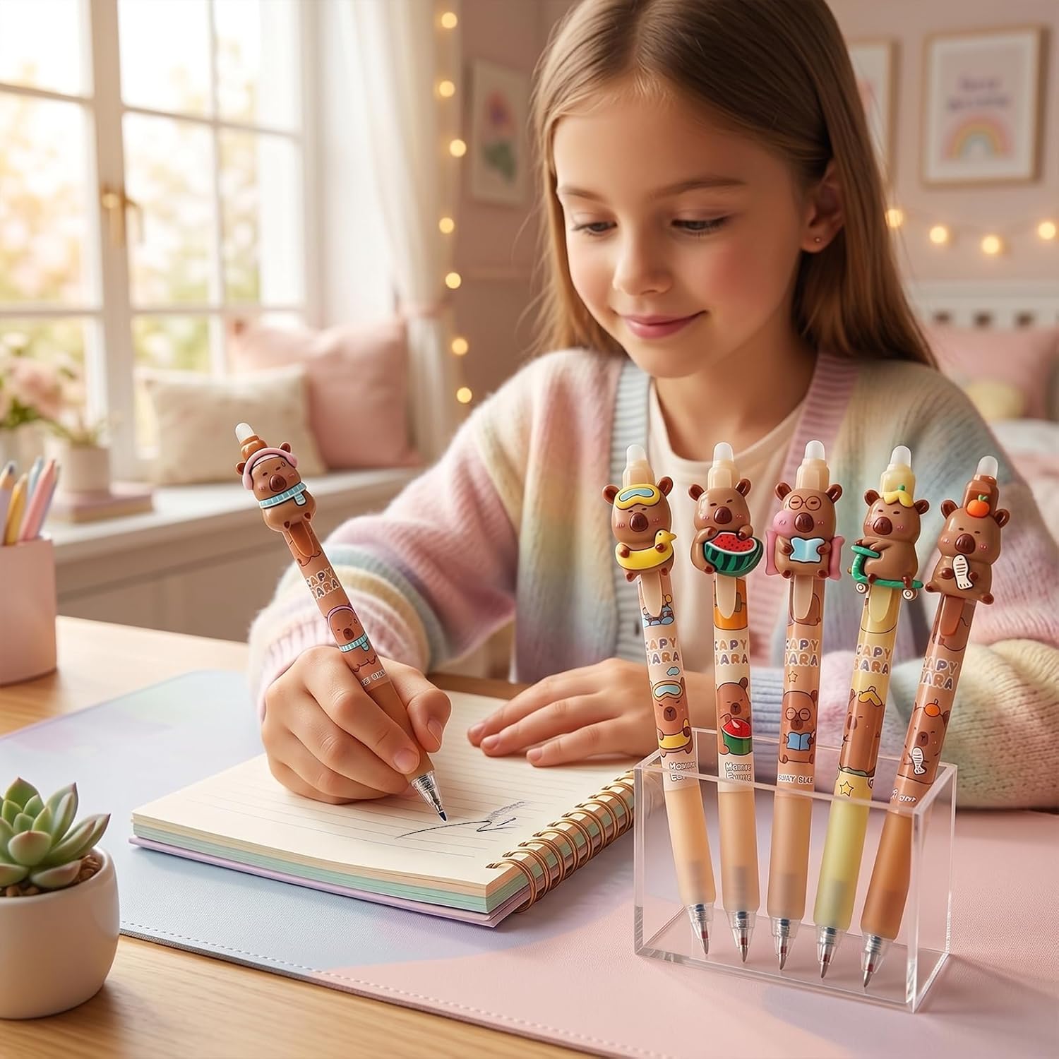 Correction Pen Fine - かわいいカピバラ消せるペン、0.5mm繰り出し式細字、滑らかな黒インク、学校やオフィス用品に最適な可愛い漫画風文房具
