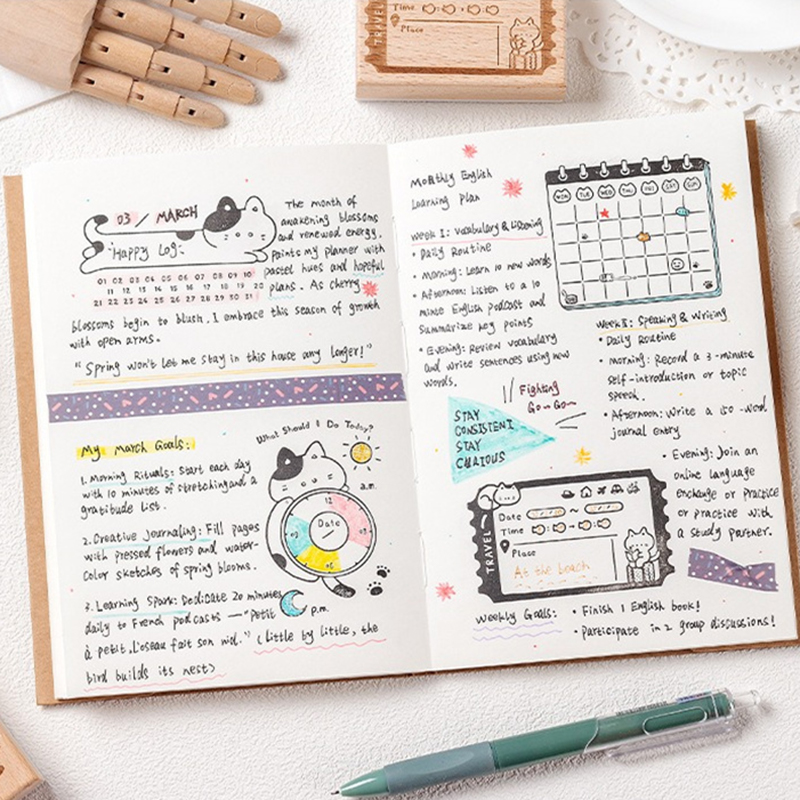 かわいい猫木製ゴムスタンプ月間カレンダーラベルフレームプラン - Rubber Date Stamp のレビューと価格