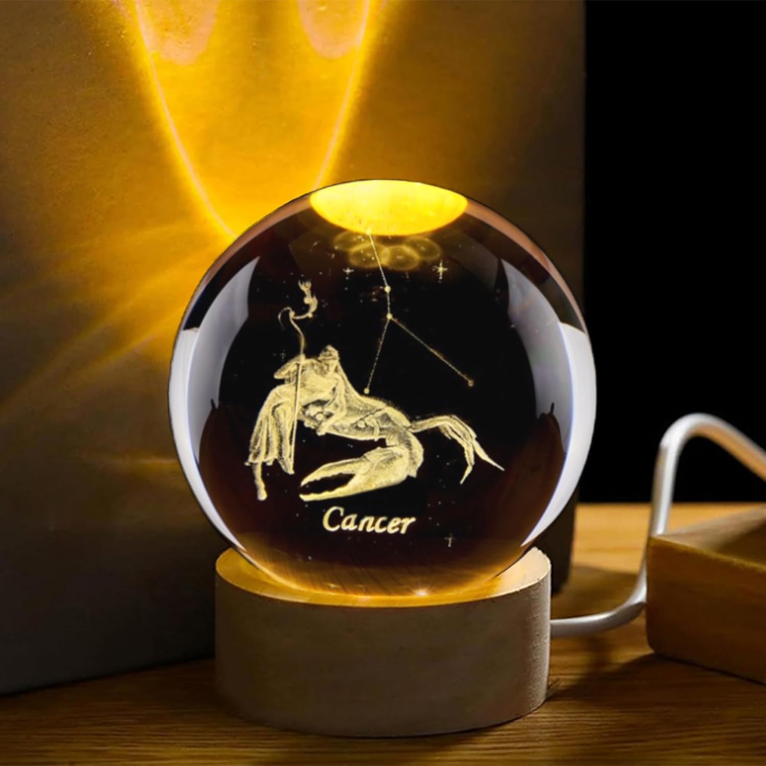 3D がん星座クリスタルボール木製ライトベースガラス球装飾ボ - Paper Weight Crystal のレビューと価格