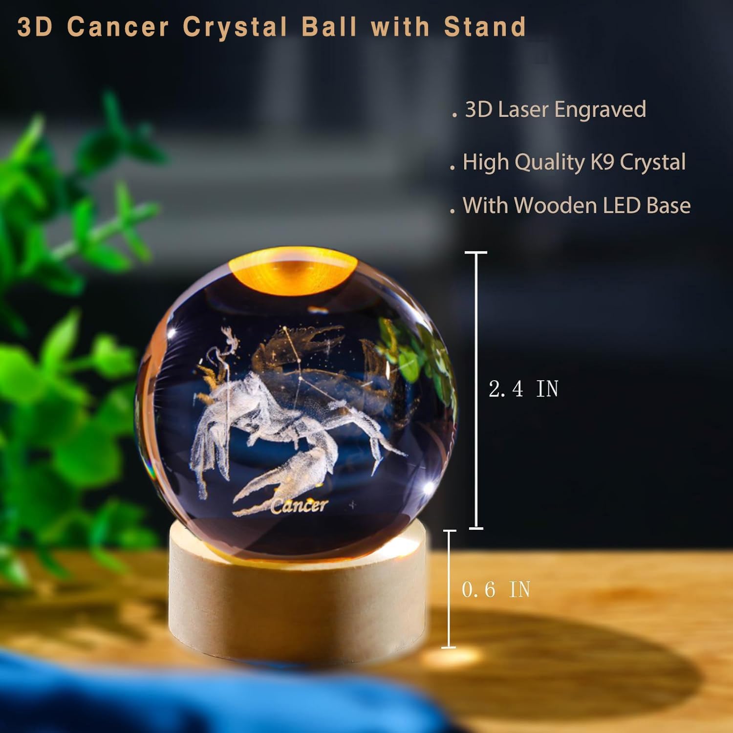 3D がん星座クリスタルボール木製ライトベースガラス球装飾ボ - Paper Weight Crystal のレビューと価格