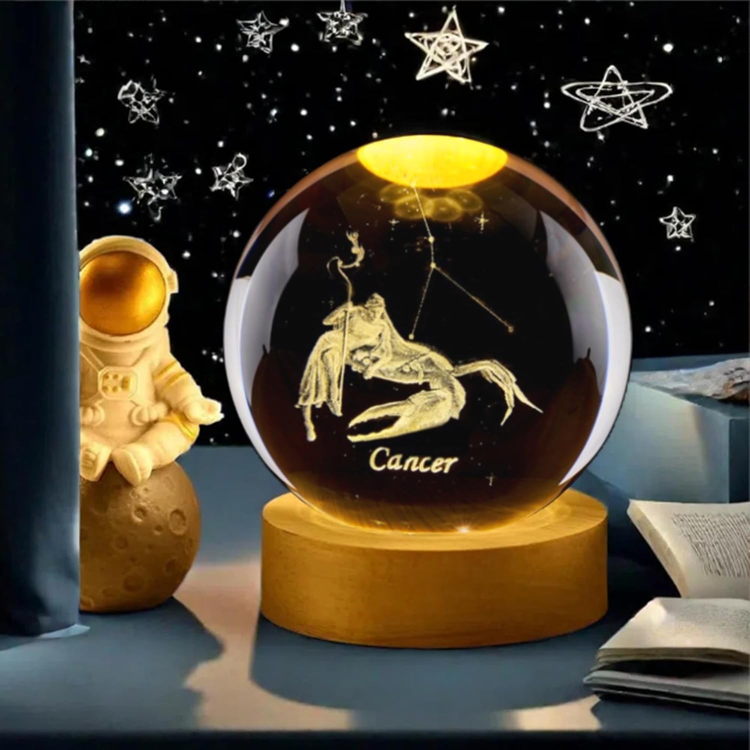 3D がん星座クリスタルボール木製ライトベースガラス球装飾ボ - Paper Weight Crystal のレビューと価格