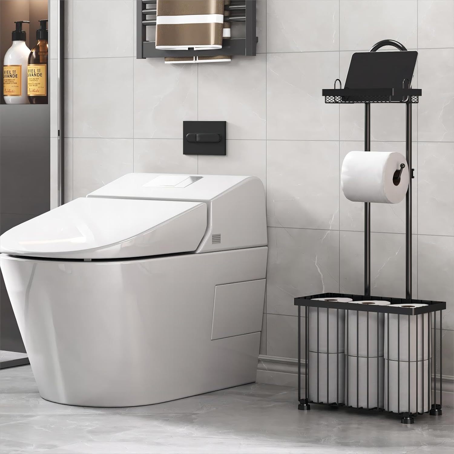 黒色の家庭用トイレットペーパーホルダー、バスルーム用マガジン - Magazine Holder Rack のレビューと価格