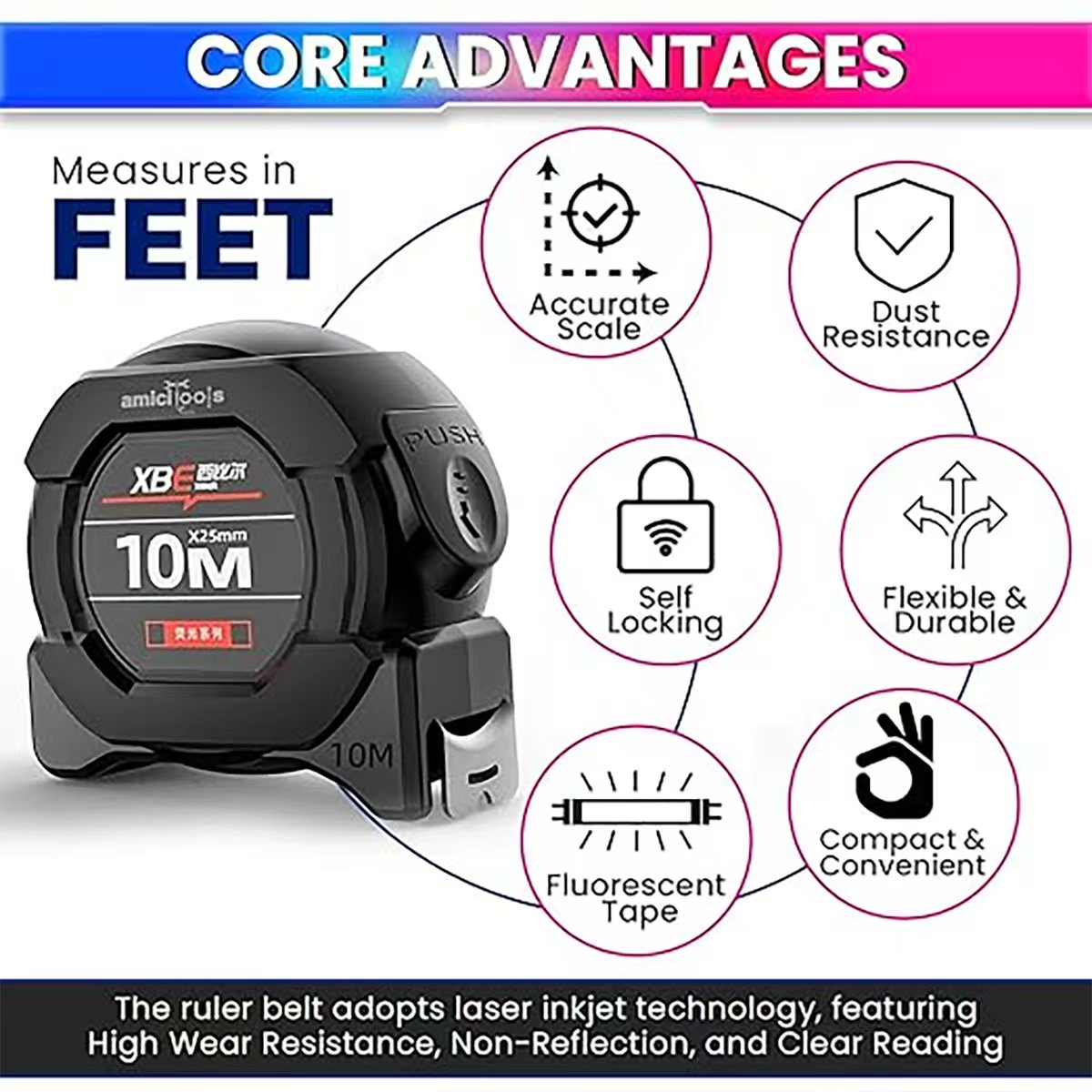 10m/5m蛍光鋼製テープメジャー - セルフロック式、格納 - Tape Dispenser Weighted のレビューと価格